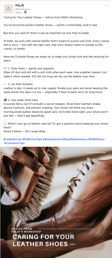 Palik LinkedIn post — Caring for Your Leather Shoes
