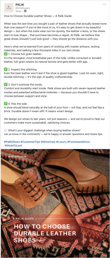 Palik LinkedIn post — How to Choose Durable Leather Shoes